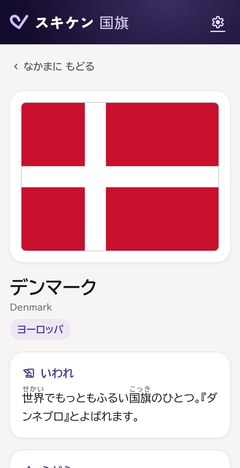 デンマークの国旗といわれを載せた国旗図鑑の画面